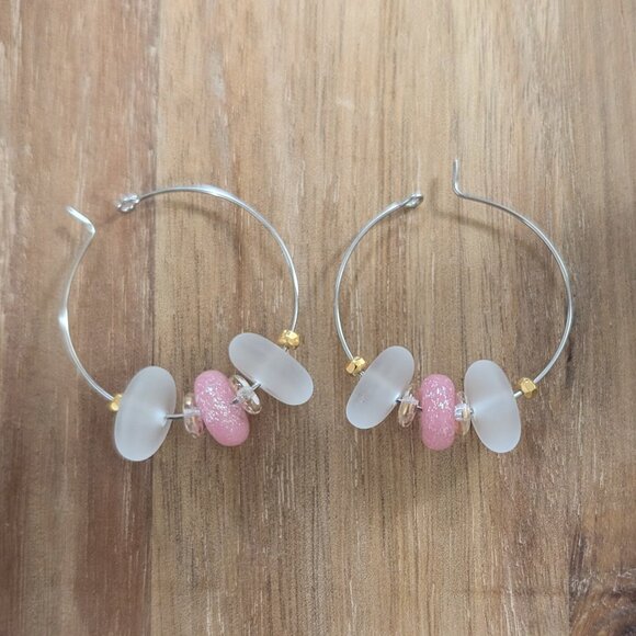 Pink Shimmer Glass Beaded Steel Hoop Earrings - Picture 4 of 7